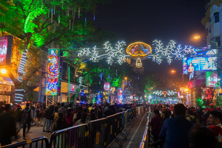 Kolkata, West Bengal, India - 26.12.2018 : Decorated lights and Christmas celebration at illuminated Park street with joy and year end festive mood.のeditorial素材
