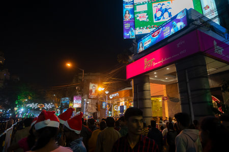 Kolkata, West Bengal, India - 26.12.2018 : Decorated lights and Christmas celebration at illuminated Park street with joy and year end festive mood.のeditorial素材