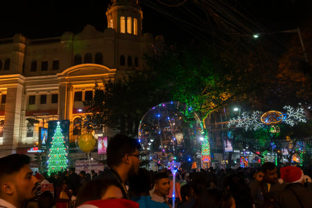 Kolkata, West Bengal, India - 26.12.2018 : Decorated lights and Christmas celebration at illuminated Park street with joy and year end festive mood.のeditorial素材