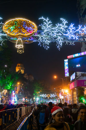 Kolkata, West Bengal, India - 26.12.2018 : Decorated lights and Christmas celebration at illuminated Park street with joy and year end festive mood.のeditorial素材