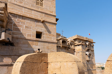 Sandstone made walls and exterior architecture of Rani Mahal or Rani Ka Mahal, inside Jaisalmer fort, Rajasthan, India. UNESCO world heritage site.のeditorial素材