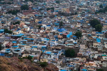 Beautiful top view of Jodhpur city from Mehrangarh fort, Rajasthan, India. Jodhpur is called Blue city since Hindu Brahmis there worship Lord Shiva, whose colour is blue, they painted houses in blue.の写真素材