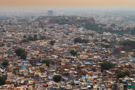 Beautiful top view of Jodhpur city from Mehrangarh fort, Rajasthan, India. Jodhpur is called Blue city since Hindu Brahmis there worship Lord Shiva, whose colour is blue, they painted houses in blue.の写真素材