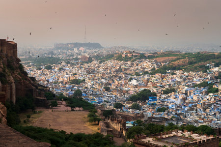 Beautiful top view of Jodhpur city from Mehrangarh fort, Rajasthan, India. Jodhpur is called Blue city since Hindu Brahmis there worship Lord Shiva, whose colour is blue, they painted houses in blue.の写真素材