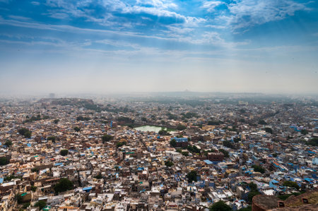 Beautiful top view of Jodhpur city from Mehrangarh fort, Rajasthan, India. Jodhpur is called Blue city since Hindu Brahmis there worship Lord Shiva, whose colour is blue, they painted houses in blue.の写真素材