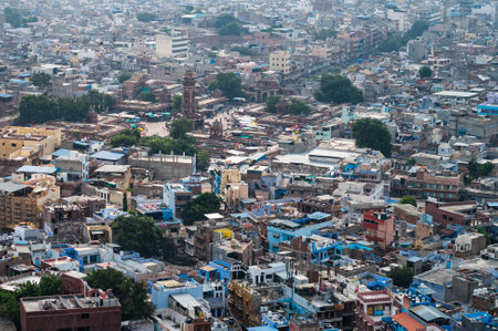 Beautiful top view of Jodhpur city from Mehrangarh fort, Rajasthan, India. Jodhpur is called Blue city since Hindu Brahmis there worship Lord Shiva, whose colour is blue, they painted houses in blue.の写真素材