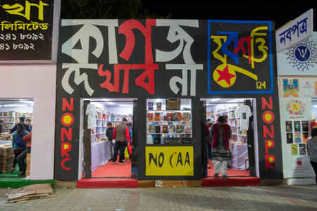 Kolkata, West Bengal, India - 2nd February 2020 : A book stall with Political protest slogans against NRC, national register of citizens and CAA, citizenship amendment act, at Kolkata Bookfair ground.のeditorial素材