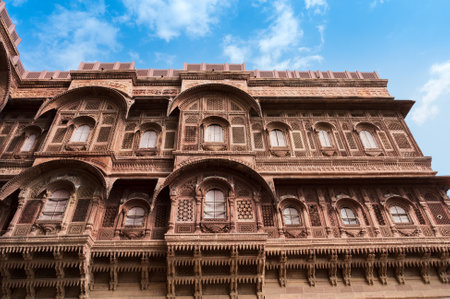 View of famous Mehrangarh fort, Jodhpur, Rajasthan, India. Mehrangarh Fort is UNESCO world heritage site popular amongst tourists worldwide. Beautiful architecture of Rajput era.のeditorial素材