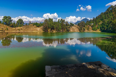 Devariyatal, Deoria Tal, Devaria or Deoriya, an emerald holy lake with miraculous reflections of Chaukhamba peaks on its crystal clear water. Chaukhamba peaks, Garhwal Himalayas, Uttarakahnd, India.の写真素材