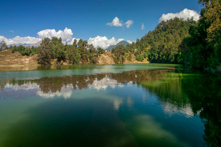 Devariyatal, Deoria Tal, Devaria or Deoriya, an emerald holy lake with miraculous reflections of Chaukhamba peaks on its crystal clear water. Chaukhamba peaks, Garhwal Himalayas, Uttarakahnd, India.の写真素材