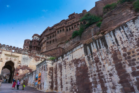 Jodhpur, Rajasthan, India - 19th October 2019 : Indian tourists in modern dresses visiting famous old Mehrangarh fort. Fort is UNESCO world heritage site popular amongst tourists worldwide.のeditorial素材