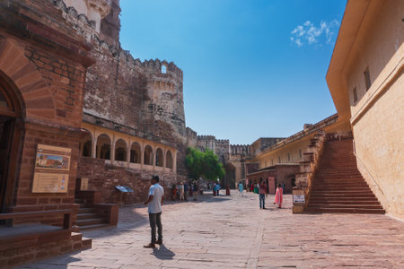 Jodhpur, Rajasthan, India - 19th October 2019 : Tourists visiting famous Mehrangarh fort, ancient stone architecture. Mehrangarh Fort is UNESCO world heritage site popular amongst tourists worldwide.のeditorial素材