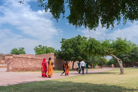 Jodhpur, Rajasthan, India - 19th October 2019 : Rajasthani women visting Mehrangarh fort. Zenana deodi or the women's courtyard, courtyard wherein the royal women lived and spent a lot of time.のeditorial素材