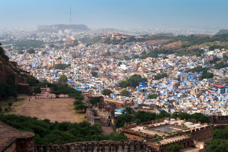 Beautiful top view of Jodhpur city from Mehrangarh fort, Rajasthan, India. Jodhpur is called Blue city since Hindu Brahmis there worship Lord Shiva, whose colour is blue, they painted houses in blue.の写真素材