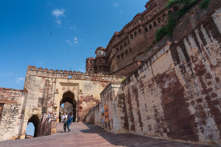 Jodhpur, Rajasthan, India - 19th October 2019 : Tourists visiting famous Mehrangarh fort, ancient stone architecture. Mehrangarh Fort is UNESCO world heritage site popular amongst tourists worldwide.のeditorial素材