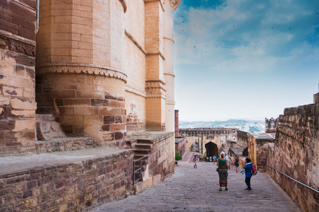 Jodhpur, Rajasthan, India - 19th October 2019 : Foreigner woman tourist visiting famous Mehrangarh fort, Mehrangarh Fort is UNESCO world heritage site popular amongst tourists worldwide.のeditorial素材