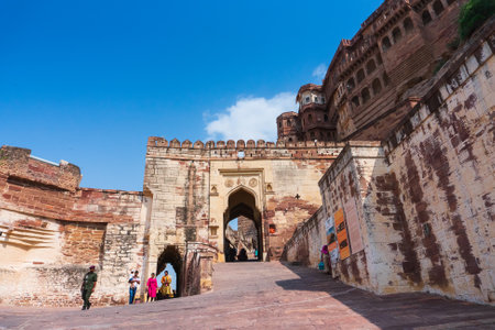 Jodhpur, Rajasthan, India - 19th October 2019 : Tourists visiting famous Mehrangarh fort, ancient stone architecture. Mehrangarh Fort is UNESCO world heritage site popular amongst tourists worldwide.のeditorial素材