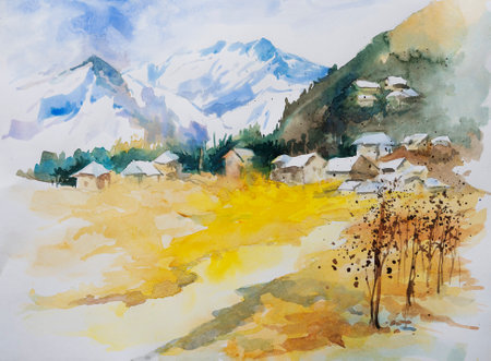 Nice watercolor painting of houses with mountains in the background., yellow field in the beautiful landscape. Hand painted watercolor illustration.の写真素材