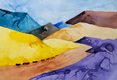 Bright colorful mountains with a road passing through them. Abstract watercolor hand painted illustration of nature landscape for use in travel magazine, brochure, leaflet, cards, banner and poster.の写真素材