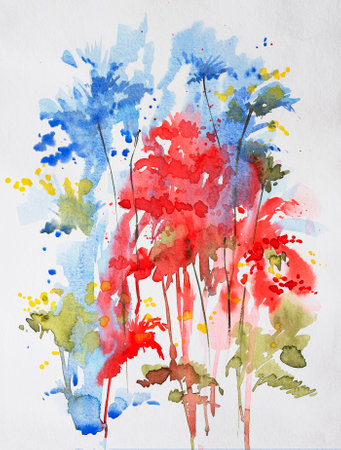 Abstract flower watercolor painting for various usage like invitation card,post card,poster,cover,decoration. Watercolor hand painted illustration. Floral painting by brush on paper. White background.の写真素材
