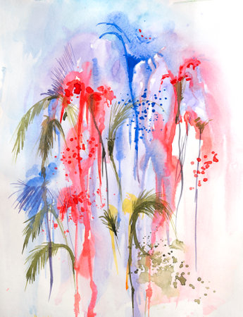 Abstract flower watercolor painting for various usage like invitation card,post card,poster,cover,decoration. Watercolor hand painted illustration. Floral painting by brush on paper. White background.の写真素材