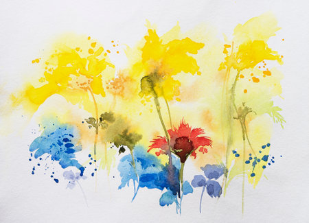 Abstract flower watercolor painting for various usage like invitation card,post card,poster,cover,decoration. Watercolor hand painted illustration. Floral painting by brush on paper. White background.の写真素材