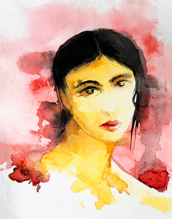 Colorful portrait of beautiful young woman with black hair and red white background, hand painted watercolor painting illustration. Beautiful fashion illustration face of a young woman with copyspace.の写真素材
