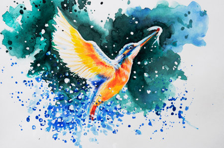 Beautiful realistic watercolor painting of common kingfisher,Alcedo atthis,Eurasian kingfisher or river kingfisher, coming out of splashing water after catching fish in mouth.Handpainted illustration.の写真素材