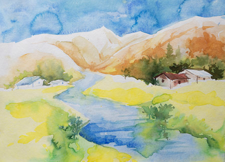 Nice watercolor painting of home on the top of a yellow field in the yellow landscape. Blue river flowing with mountains in the background. Hand painted watercolor illustration.の写真素材