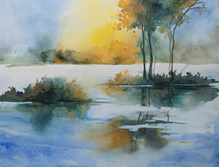 Beautiful watercolour sunrise in the horizon with reflection of trees on calm water of lake, handmade paper, painted by brush and paints. Handmade watercolor illustration.の写真素材