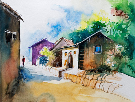 Nice watercolor painting of sunlit rural houses in an Indian village with play of light and shadow on them. Hand painted watercolor illustration.の写真素材