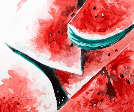 Nice watercolor hand painted red sliced watermelon illustration for use in veg advertisement, porster, card, banner and food stalls.の写真素材