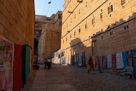 Jaisalmer, Rajasthan, India - October 13, 2019 : Inside view of Jaisalmer Fort or Sonar Quila or Golden Fort, made of yellow sandstone, in the morning light. UNESCO world heritage site at Thar desert.のeditorial素材