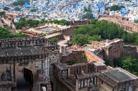 Jodhpur, Rajasthan, India - 19.10.2019 : Top view of famous Mehrangarh fort, Jodhpur city in the background, as seen from top of the fort, Mehrangarh Fort is UNESCO world heritage site.のeditorial素材