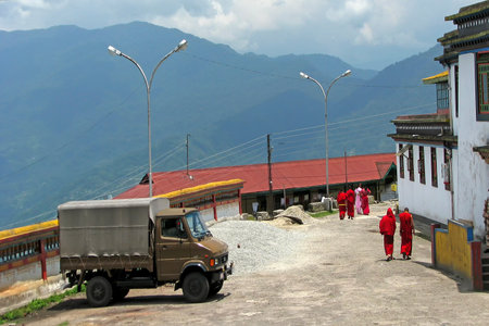 Gangtok, Sikkim, India - 9th May 2008 : Monks walking after prayer at Rumtek Monastery, Dharma Chakra Centre, is a gompa and seat-in-exile of the Gyalwang Karmapa, Sikkim, India.のeditorial素材