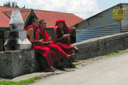 Gangtok, Sikkim, India - 9th May 2008 : Monks chatting at Rumtek Monastery, Dharma Chakra Centre, is a gompa and seat-in-exile of the Gyalwang Karmapa, Sikkim, India.のeditorial素材