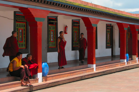 Gangtok, Sikkim, India - 9th May 2008 : Monks relaxing after prayer at Rumtek Monastery, Dharma Chakra Centre, is a gompa and seat-in-exile of the Gyalwang Karmapa, Sikkim, India.のeditorial素材