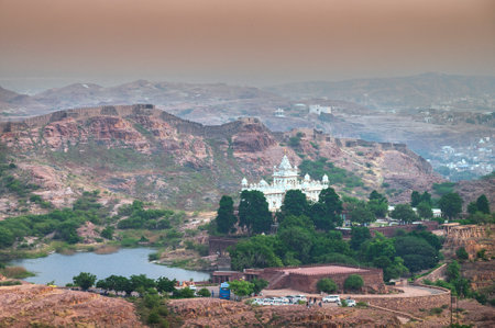 View of Jaswant Thada, cenotaph, from Mehrangarh fort Jodhpur,Rajasthan, India, Thada was built by Maharaja Sardar Singh, built of marble which emit a warm glow when illuminated by the Sun.のeditorial素材