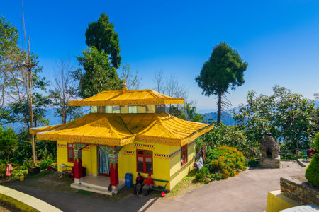 SAMDUPTSE. SIKKIM / INDIA - OCTOBER 10TH, 2016 : View of Samdruptse Monastery with two resting old ladies. Samdruptse is a huge buddhist memorial statue in Sikkim, India.のeditorial素材