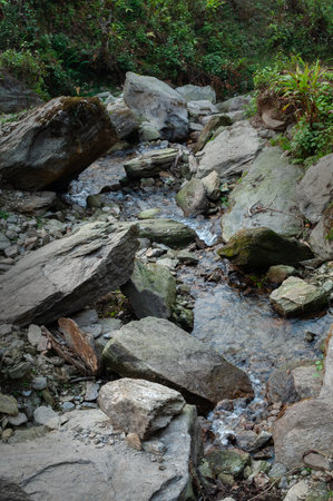 Water flowing through stones,beautiful waterfall inside Himalayan forest, Sikkim, India. Sikkim has many scenic waterfalls flowing across the state and these falls are very popular tourist attraction.の写真素材