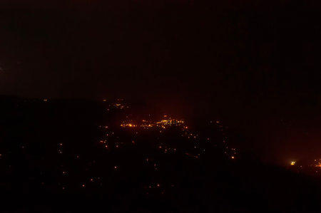 Night image of Sikkim, India. Himalayan mountains in the background.の写真素材