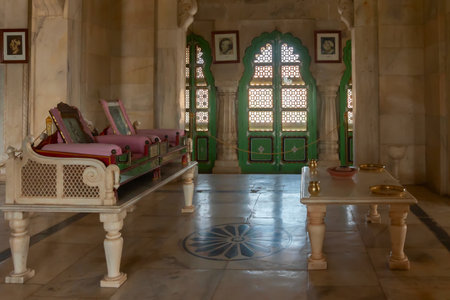Jodhpur, Rajasthan, India - 20th October 2019 : Decorated hall with display of portraits of rulers and Maharajas of Jodhpur, beautiful interior architecture of Jaswant Thada cenotaph. Markana marble.のeditorial素材