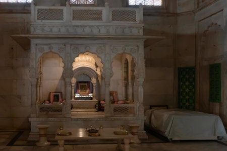 Jodhpur, Rajasthan, India - 20th October 2019 : Beautiful interior architecture of Jaswant Thada cenotaph in memory of Maharaja Jaswant Singh II. built of Makrana marble.のeditorial素材