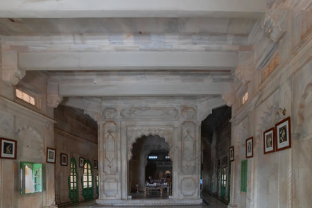 Jodhpur, Rajasthan, India - 20th October 2019 : Decorated hall with display of portraits of rulers and Maharajas of Jodhpur, beautiful interior architecture of Jaswant Thada cenotaph. Markana marble.のeditorial素材