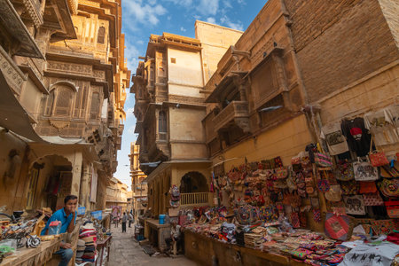 Jaisalmer, Rajasthan, India - 16 th October 2019 : Rajasthani handicrafts being sold at market place near Patwon ki haveli, a Mansion of Brocade Merchants, largest haveli, private mansion.のeditorial素材