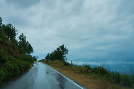 Monsoon on the hills, Himalayan mountains, Garhwal, Uttarakhand, India. Rainy image of the mountains of Himalayas. Climate change effect on Himalayas.の写真素材