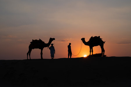 Silhouette of two cameleers and their camels at sand dunes of Thar desert, Rajasthan, India. Cloud with setting sun, sky in the background. Cameleers make a living out of camel riding by tourists.のeditorial素材