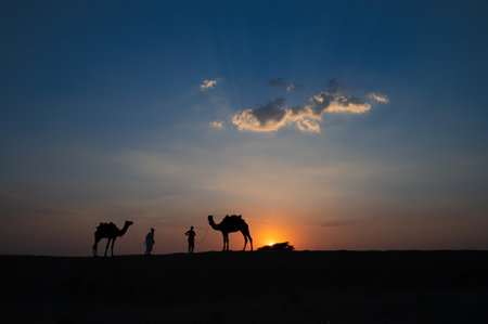Silhouette of two cameleers and their camels at sand dunes of Thar desert, Rajasthan, India. Cloud with setting sun, sky in the background. Cameleers make a living out of camel riding by tourists.のeditorial素材