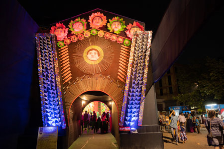 Howrah, West Bengal, India- 3rd October, 2022 : Devotees visiting nicely decorated Durga Puja pandal. Durga Puja is biggest festival of Hinduism. It is Unesco intangible cultural heritage.のeditorial素材