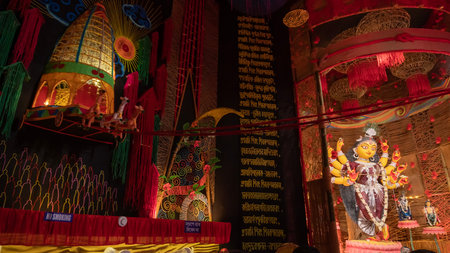 Howrah, West Bengal, India- 3rd October, 2022 : Beautiful illumination and decoration inside Durga puja pandal, Durga Puja is biggest festival of Hinduism,celebrated all over the world. Abstract art.のeditorial素材